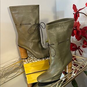 Manila Grace Olive Green Leather Slouch Mid-Calf Boots Drawstring Heel Size 10.5